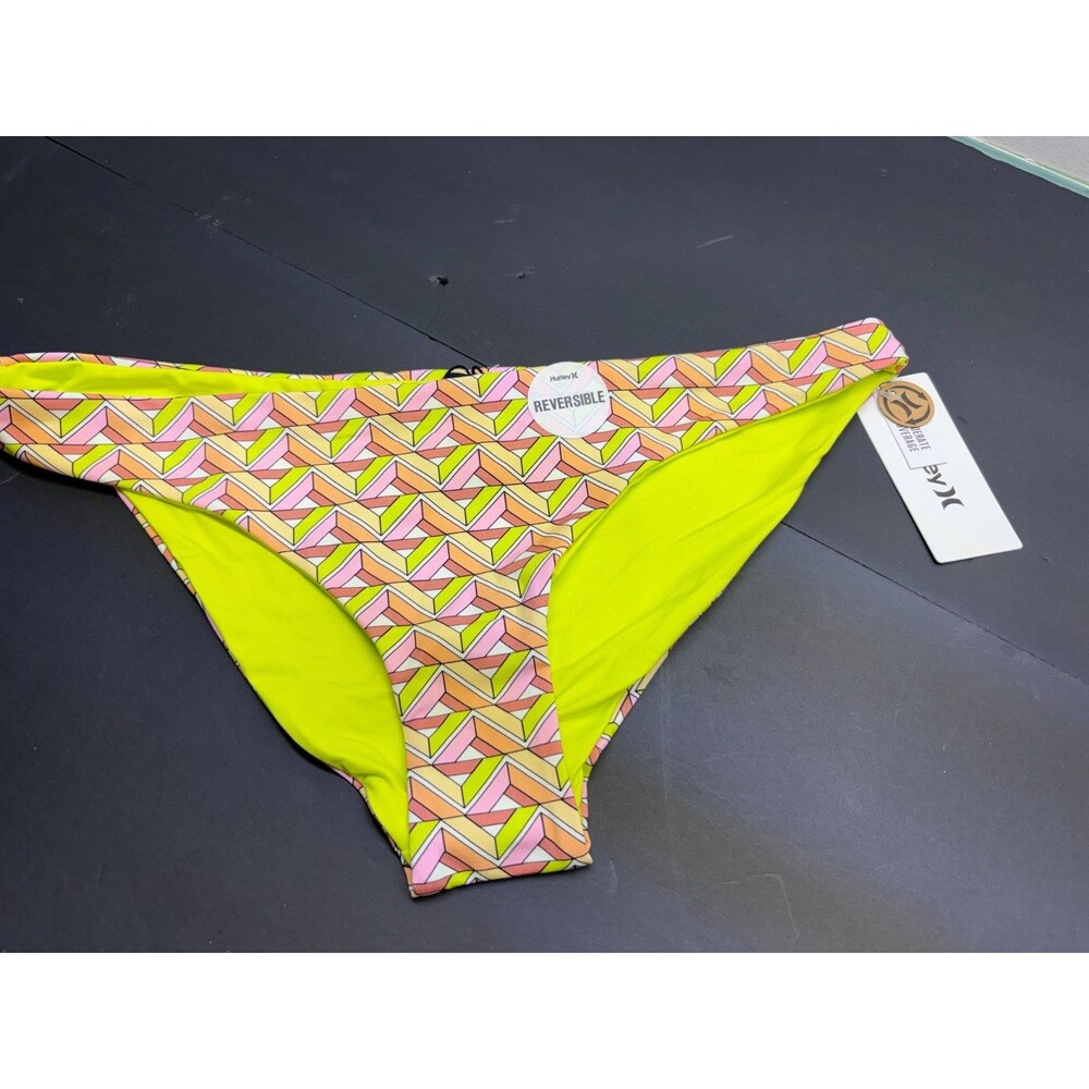 HURLEY Women's XL City Block Reversible Moderate Bottom in Sweet Cream/neon Lime